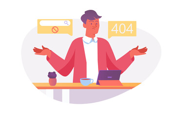 Aufkleber - Asian concept 404 not found with people scene in the flat cartoon design. Programmer works to solve problems in a tablet.  illustration.