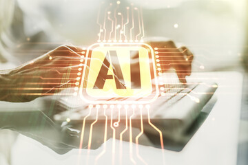 Poster - Creative artificial Intelligence symbol concept with hands typing on laptop on background. Multiexposure