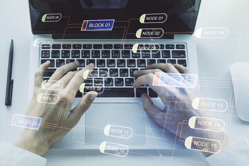 Aufkleber - Multi exposure of abstract creative coding sketch and hands typing on computer keyboard on background, artificial intelligence and neural networks concept