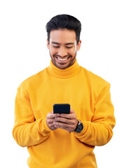 Poster - Man, happy and phone on social media, fashion news or communication, chat and information. Person smile or typing on mobile for winter deal, discount or sale isolated on transparent png background