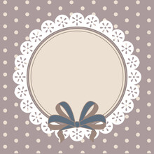 Round Frame With Lace Border And Blue Ribbon Bow On Polka Dot Background
