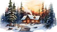 Rustic Log Cabin Watercolor Illustration - Generative AI.