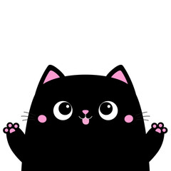 Wall Mural - Black cat holding paw print up. Cute face head silhouette icon. Pink little nose, ears. Big eyes. Cartoon kawaii baby character. Funny kitten. Pet animal. Flat design. Sticker print. Pink background.