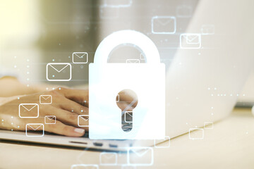 Poster - Creative lock sketch with email symbols hologram and hands typing on computer keyboard on background, protection of personal data concept. Multiexposure