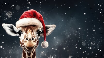 Cute giraffe head in Santa hat with copy-space. Portrait of funny animal in red Christmas hat. Happy New Year and Merry Christmas banner.