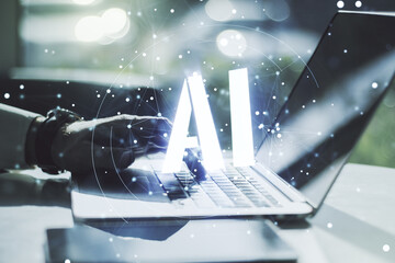 Poster - Creative artificial Intelligence symbol concept with hands typing on laptop on background. Multiexposure