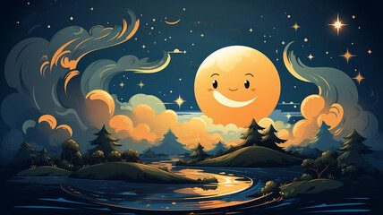 Wall Mural - cartoon round moon on blue sky background, art character, good night kids