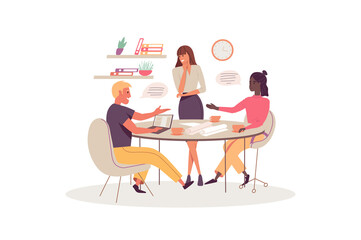 Poster - Business meeting concept with people scene in the flat cartoon style. Director gathered all her assistants at a meeting to discuss all the details of the work.  illustration.