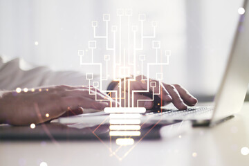 Aufkleber - Creative light bulb with chip hologram and hands typing on computer keyboard on background, artificial Intelligence and neural networks concept. Multiexposure
