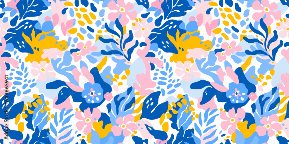Abstract plant leaf art seamless pattern with colorful freehand doodle ...