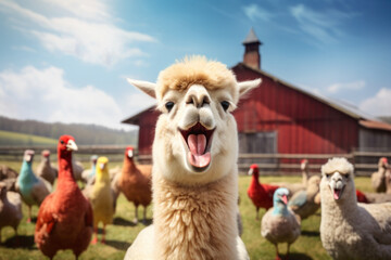 Wall Mural - Comical Alpaca in a farmyard, surrounded by curious chickens 