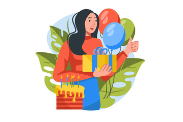 Poster - Concept Celebration with people scene in the flat cartoon style. Girl goes to congratulate her friends on the holiday, give gifts and have fun.  illustration.