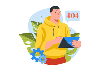 Aufkleber - 404 not found concept with people scene in the flat cartoon style. Employee is worried about not being able to fix an error in the settings.  illustration.