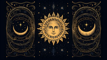 Magical Banner For Astrology, Celestial Alchemy, Celestial Art For The Zodiac, Tarot Cards, Cosmic Devices, Crescent Moon With Face, Clouds, Sun With Moon On Black Background.