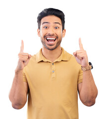 Poster - Wow, portrait and man pointing up to space, presentation and commercial promotion. Face, surprise and gesture of happy person advertising, marketing offer and isolated on a transparent png background