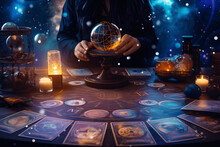 Astrology,Astrologer Calculates Natal Chart And Makes A Forecast Of Fate,Tarot Cards, Fortune Telling On Tarot Cards Magic Crystal, Occultism, Esoteric Background,Fortune Telling,tarot Predictions.