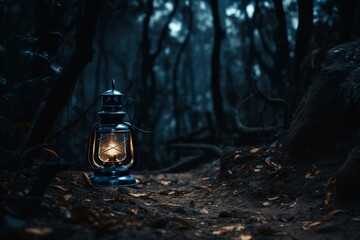 a lantern illuminating a dark forest path.