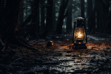 Wall Mural - a lantern illuminating a dark forest path.