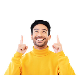 Wall Mural - Pointing, excited and young man by mockup space for marketing, promotion or advertising gesture. Happy, smile and Indian model with show finger sign for deal isolated by transparent png background.