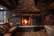 A Handcrafted Stone Fireplace Features Built-in Wood Storage Below, Perfectly Matching The Rustic Style Of A Mountain Chalet
