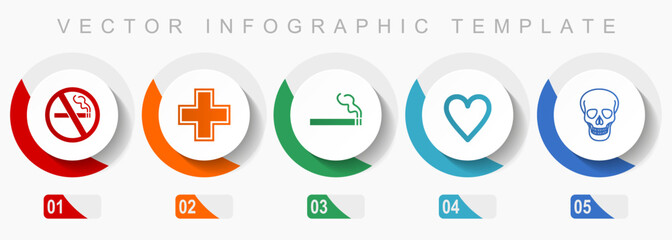 Aufkleber - Health icon set, miscellaneous icons such as no smoking, cross, cigarette, heart and skull, flat design vector infographic template, web buttons in 5 color options