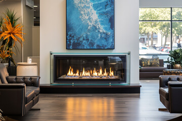 A gas fireplace with a glass front and ceramic logs warms up the ambiance in a modern office lobby