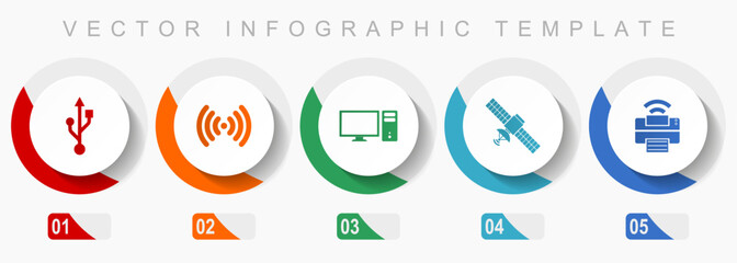 Aufkleber - Technology icon set, miscellaneous icons such as usb, wifi, computer, satellite and printer, flat design vector infographic template, web buttons in 5 color options
