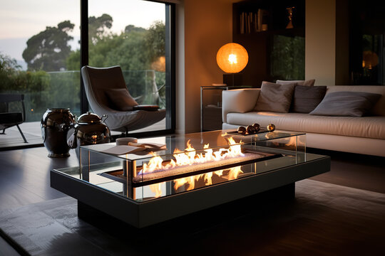 A sleek bioethanol fireplace sits on a coffee table in a modern living room, offering a clean and eco-friendly source of warmth