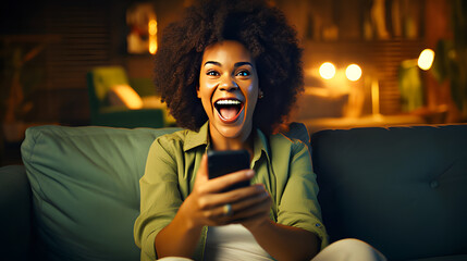 A Young African woman excited on watching TV and enjoying in home using smartphone - generative Ai