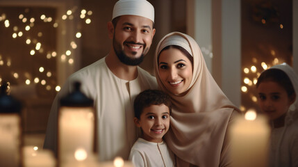 Wall Mural - A Happy Islamic Family Parents and kids - Muslim Family Smiling To Camera Together in bokeh Background. Islamic Father And Mother In Hijab Fictional Face - Generative AI