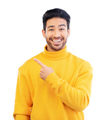 Wall Mural - Pointing, happy and portrait of young man by mockup space for marketing, promotion or advertising gesture. Smile, excited and Indian model with show finger sign isolated by transparent png background