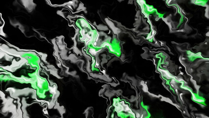 Fototapete - Green and yellow spilled paint spots. Motion. Dark background with light sparkling patterns made in computer graphics.