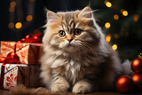 Fototapeta Most - cute fluffy cat under Christmas tree with gifts for celebration of the new year at home
