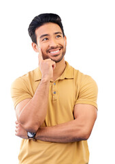 Leinwandbilder - Thinking, idea and Asian man with crossed arms smile for brainstorming, inspiration and solution. Wonder, thought and person on isolated, png and transparent background for choice, decision or option