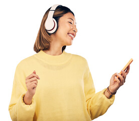 Music, phone or happy Asian woman listening to podcast isolated on transparent PNG background. Smile, headphones or gen z person streaming a fun radio song, sound or audio on online subscription