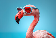 Portrait Of A Flamingo Wearing Blue Sunglasses On A Light Blue Isolated Background 