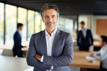 Wall Mural - happy smiling mature businessman ceo company manager standing in office at meeting