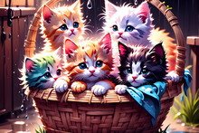 Colorful Kittens Inside A Straw Basket (PNG 9600x6400)