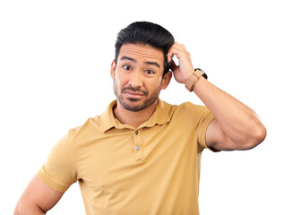 Aufkleber - Confused, portrait and man with a question, why or decision for problem solving in a crisis on isolated, transparent or png background. Thinking, face and person unsure about solution or choice