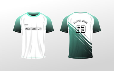 T-shirt mockup. Flat, green, player name on the back, champions text, t-shirt mockup, t-shirt layout. Vector illustration