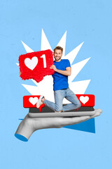 Fototapete - Abstract creative artwork template collage of happy funny guy getting likes social media isolated blue color background
