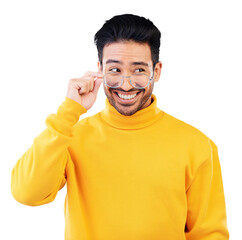 Leinwandbilder - Thinking, glasses or happy Asian man with ideas, solution or fashion isolated on transparent PNG background. Funny person, option or cool model with eyewear, smile or choice for problem solving
