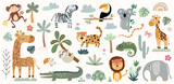 Fototapeta Fototapety na ścianę do pokoju dziecięcego - Safari animals and vegetation collection with cute elements isolated on white, baby kids nursery, vector design