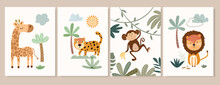 Safari Posters, Cards Design With Cute Animals, Baby Kids Nursery, Decorative Wall Decor, Lion, Monkey, Giraffe, Tiger