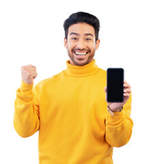 Poster - Happy asian man, portrait and phone in winning, celebration or deal isolated on a transparent PNG background. Male person smile with fist pump for discount, sale or good news on mobile smartphone app