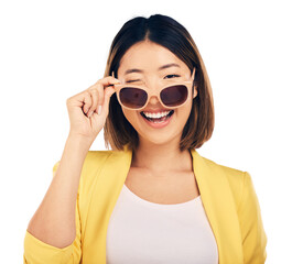 Woman, fashion sunglasses and wink in portrait, happiness with smile isolated on png transparent background. Summer, Asian model flirting with stylish eyewear and gen z with positive attitude