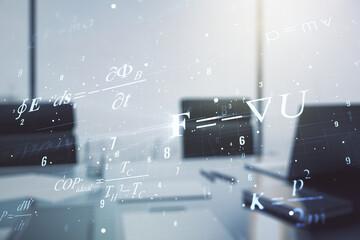 Poster - Double exposure of creative scientific formula concept and modern desktop with laptop on background, research and development concept