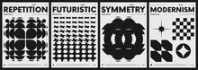 Modern Abstract Poster Collection, Vector Minimalist Posters With Geometric Shapes In Black And White, Brutalist Style Inspired Graphics, Bold Aesthetic, Shape Distortion Effect Set 2