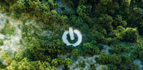 Wall Mural - a power switch icon as a water oasis in a dense forest, embodying nature's force, green energy, and 