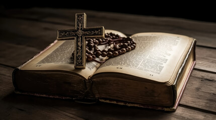 Wall Mural - Holy Bible with Cross of Jesus christ on table